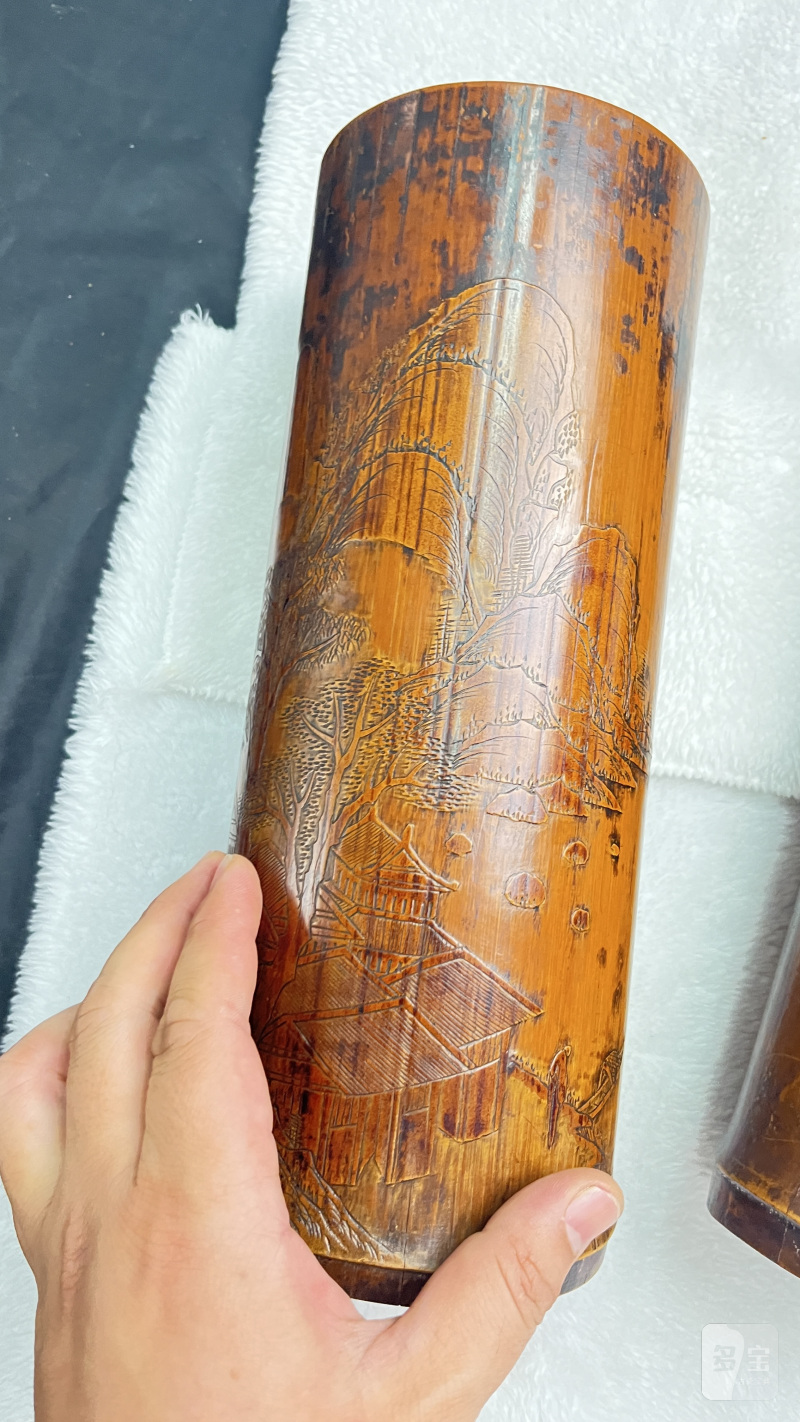 竹刻山水人物帽筒一对 - 图10